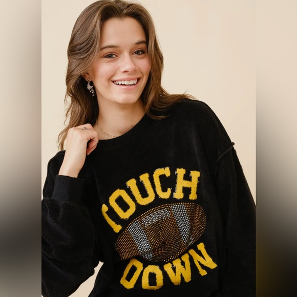 NEW Blue B. Touchdown Black Terry Rhinestone Football Game Day Sweatshirt OS - Picture 5 of 7